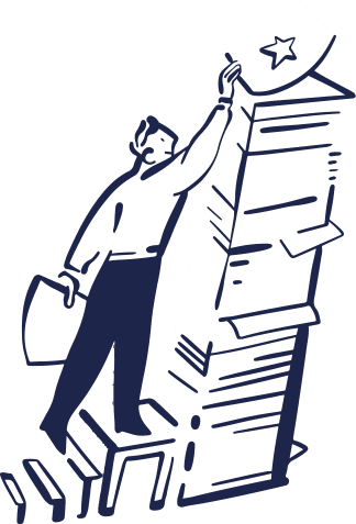 A man standing on top of a stack of papers.