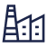 A line icon of a factory on a black background.